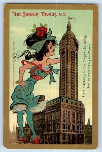 New York NY Postcard The Singer Tower Building Cartoon Caricature c1910's