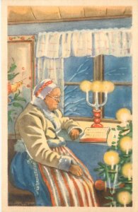 Swedish Christmas Postcard Old Woman Reading By Candlelight