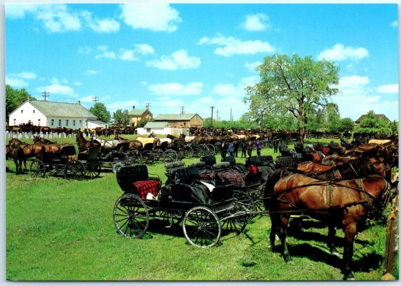 Postcard - Mennonite Meeting House with Houses and Buggies - Canada