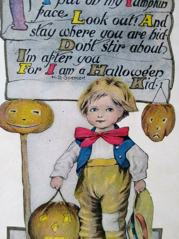 Halloween Postcard Farmer Boy Pumpkins Fantasy HB Spencer Artist CD Clen Denning