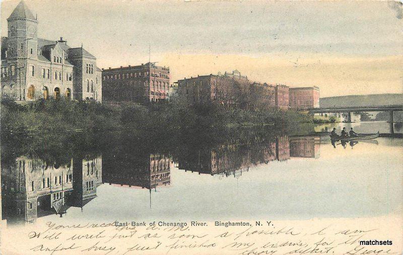 East Bank Chenago River Binghamton New York Hand colored Rochester postcard 9410 