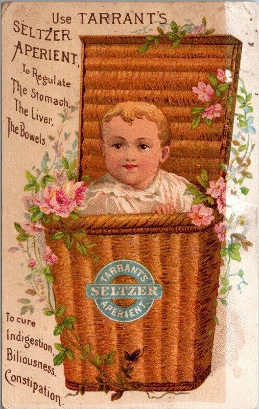 Tarrants Seltzer Aperient, baby in basket, Victorian Trade Card, unusual  