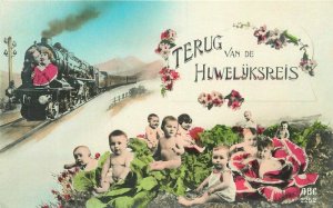 ABC #2252 C-1910 Hand Tint railroad babies Lovers Postcard RPPC 21-1668