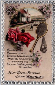 Many Happy Returns Of Your Birthday Children Playing Badminton Postcard