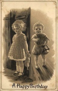 Birthday Little Girl Sneaks Up on Boy Lovely Art c1910 Vintage Postcard