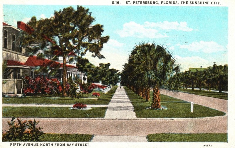 Vintage Postcard 1927 The Sunshine City North From Bay Street St. Petersburg FL