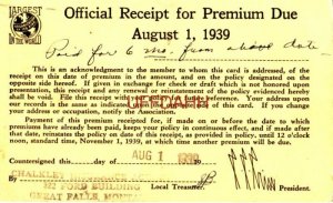 RECEIPT FOR PREMIUM DUE, AUG.1, 1933 CHALKLEY INSURANCE AGENCY, GREAT FALLS, MT