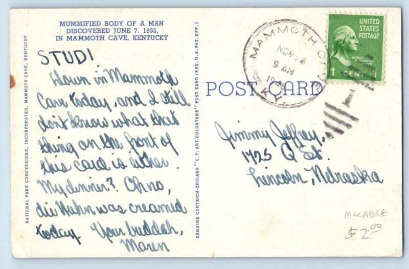 Mammoth Cave Kentucky Postcard Mummified Body Man Interior c1946 Vintage Antique