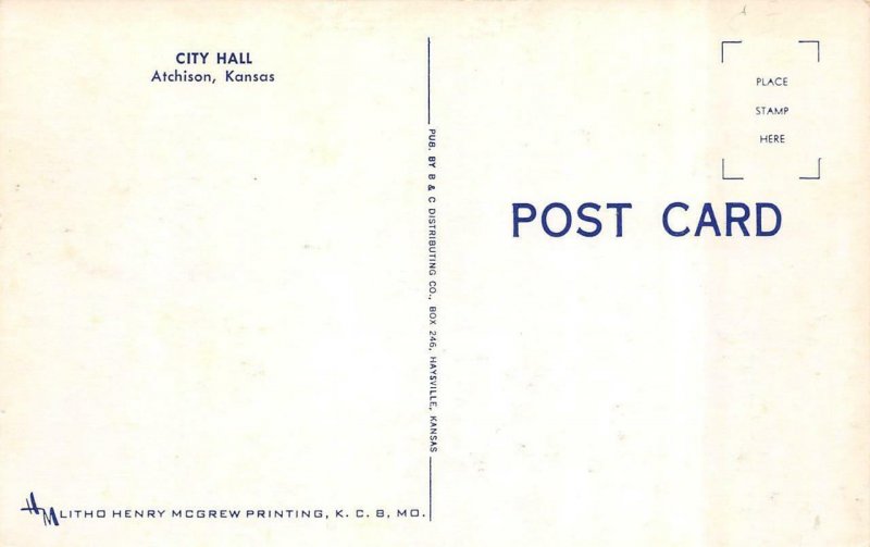ATCHISON, Kansas KS     CITY HALL    ca1950's Vintage Chrome Postcard