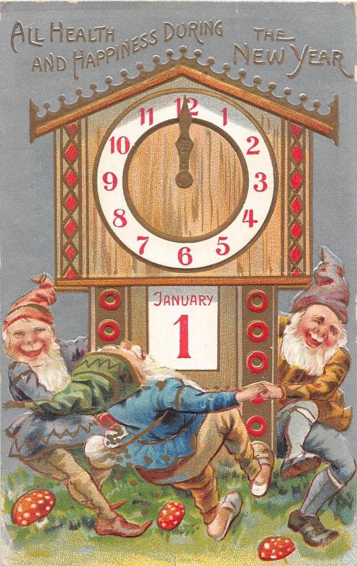 New Year's greeting dancing elves mushrooms clock calendar antique pc (Y2262)