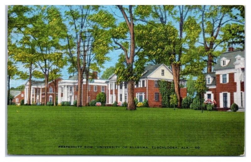 Fraternity Row, University of Alabama, Tuscaloosa, AL Postcard