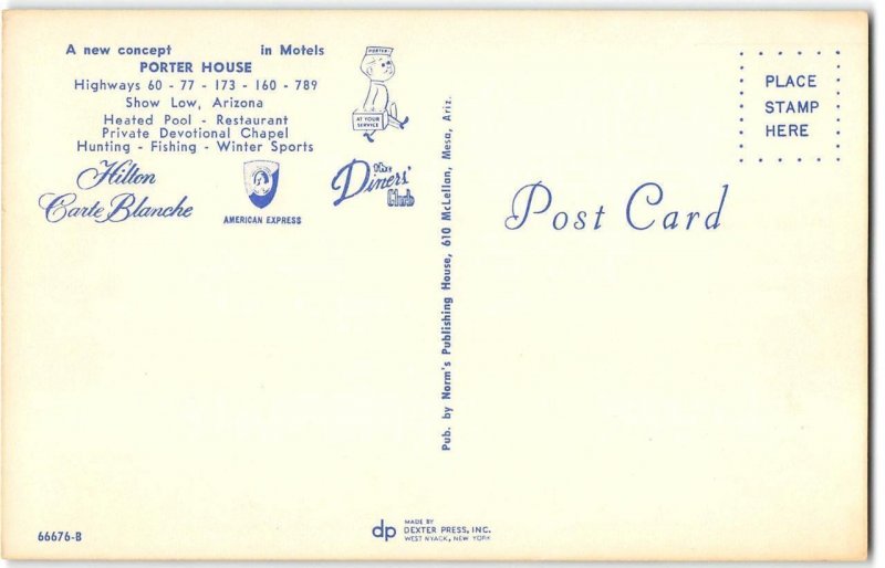 Show Low, Arizona PORTER HOUSE Roadside Mid-Century Modern 1960s Motel Postcard