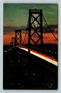 San Francisco CA-California, Oakland Bay Bridge, Night, Chrome c1960 Postcard