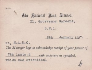 National Bank South West London 1927 Manager Receipt Old Postcard