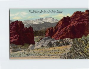 Postcard Gateway, Garden of the Gods, Pikes Peak in the Distance, Colorado