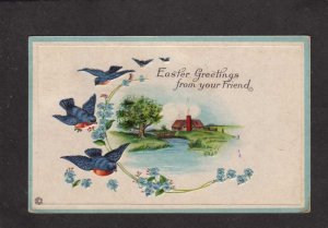 Easter Greetings From Your Friend Bluebirds Flowers Postcard 1917