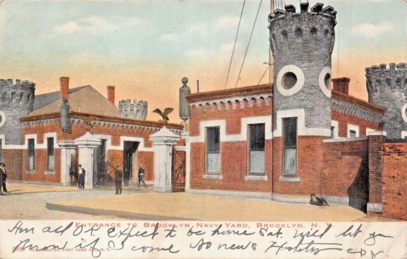 BROOKLYN NEW YORK~ENTRANCE TO BROOKLYN NAVY YARD POSTCARD 1908 PMK