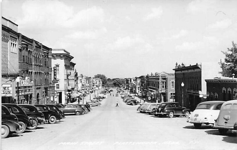 Plattsmouth NE Main Street Movie Marquee Storefronts Old Cars RPPC