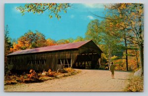 Lady Standing Near Covered Bridge Vintage Postcard A87