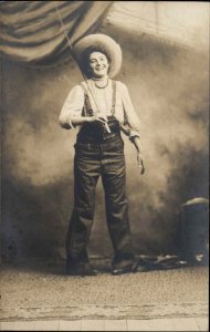 Fishing Studio Image Woman in Waders Pole Laughing c1910 Real Photo Postcard