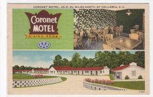 Coronet Motel US 21 Columbia South Carolina linen postcard