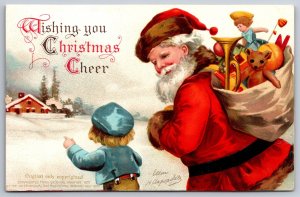 Ellen H Clapsaddle Christmas~Lil Boy Points Santa Claus To His Home~Bag Of Toys