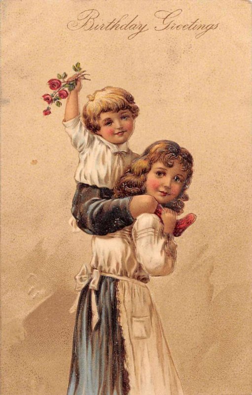 Birthday Greetings Children Boy holding Roses PFB Vintage Postcard JJ658765