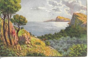 Coastal landscape Old vintage Spanish artist drawn postcard