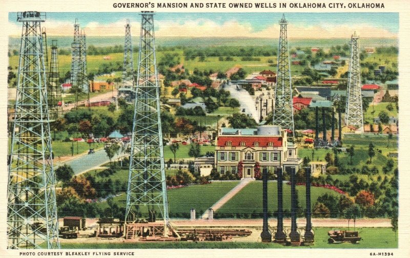 Vintage Postcard 1930's Governor's Mansion & State Wells Oklahoma City Oklahoma 
