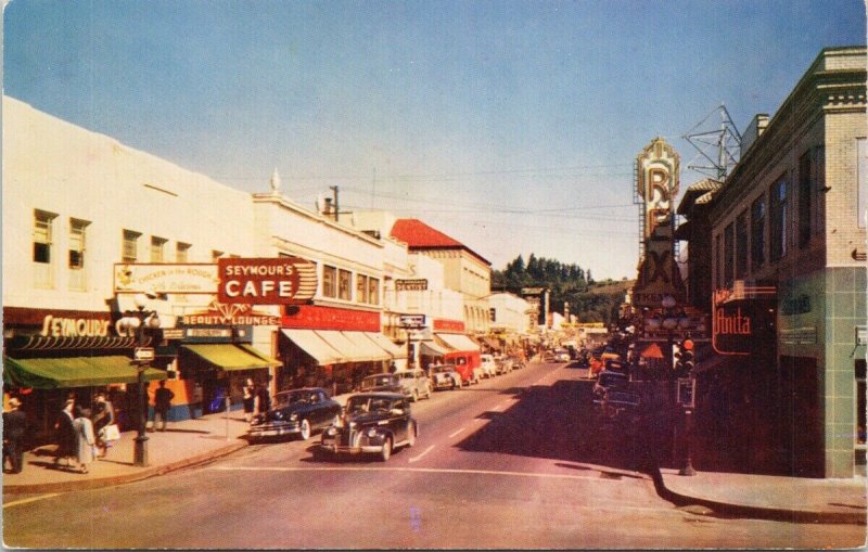 Street Scene Eugene Oregon Seymours Cafe Rex Theatre c1955 Postcard F41