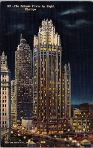 USA The Tribune Tower by Night Chicago Illinois Linen Postcard 09.61