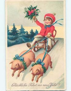 Pre-Linen foreign PET PIGLET PIGS PULL BOY ON TOBOGGAN SLED HL9557