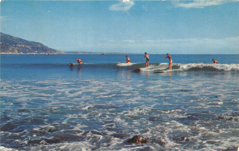 Southern California~Waikiki~Surfers on Breaking Waves~1950s Postcard