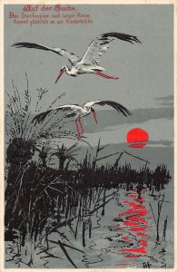 Birth Announcement Storks Flying at Sunset Lake embossed postcard C318