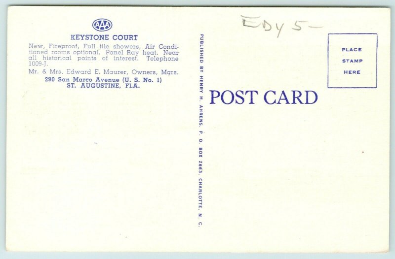 St Augustine Florida~Keystone Court Motel~Roadside US Route 1~1940s Linen