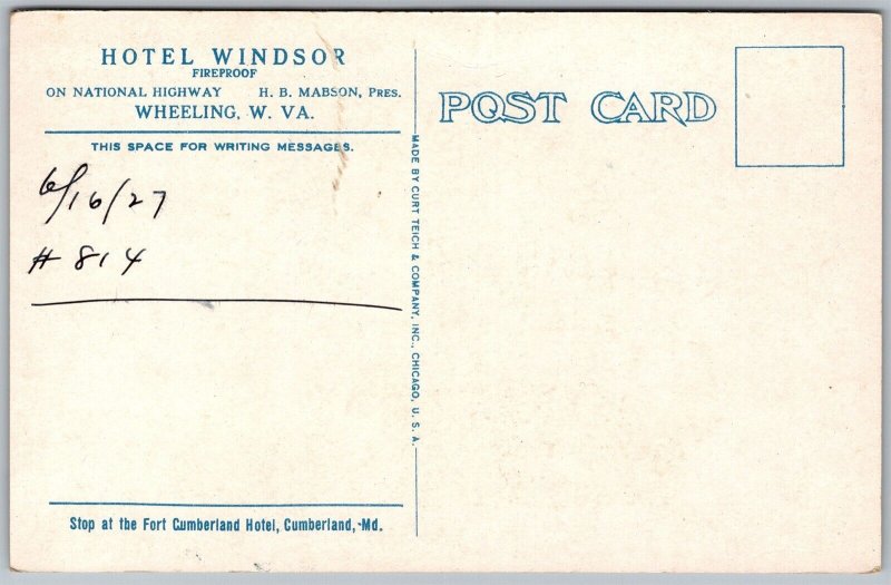 Vtg Wheeling West Virginia WV Hotel Windsor 1920s View Old Card Postcard