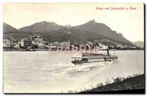 Old Postcard Gruss vom Rhein Drachenfels A Boat