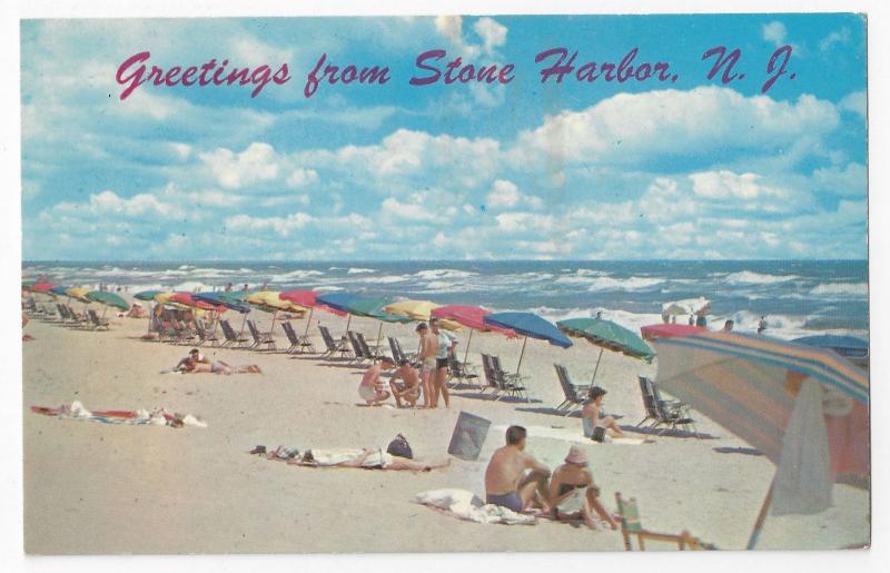 Greetings from Stone Harbor NJ Umbrellas Beach Chairs Ocean Surf Vntg Postcard