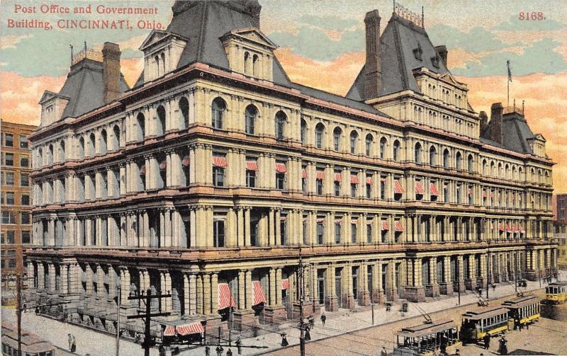 Cincinnati Ohio~Post Office & Government Building~Street Scene~c1910 Pc