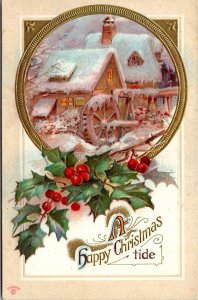 Vtg Happy Christmas Cabin Water Mill Gold Gilt Holly Embossed 1910s Postcard