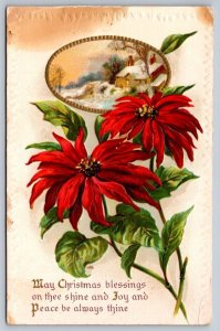 Christmas Blessings, Poinsettia, Snowy Rural Scene, 1910 A.S. Meeker Postcard