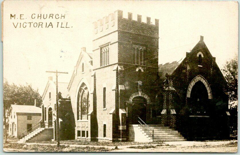 1912 VICTORIA, Illinois RPPC Photo Postcard "M.E. CHURCH" Building