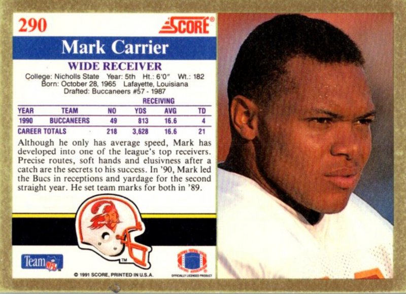 1991 Score Football Card Mark Carrier WR Tampa Bay Bucs sun 0618