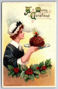 Frances Brundage Christmas~Colonial Lady~Plum Pudding~Holly Berries~Emboss~1914
