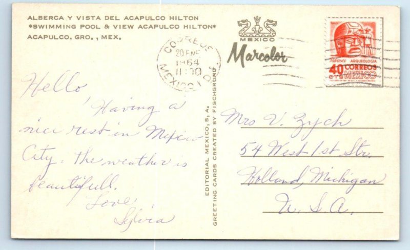 ACAPULCO, MEXICO ~ Alberca ACAPULCO HILTON Swimming Pool 1964 Roadside Postcard 