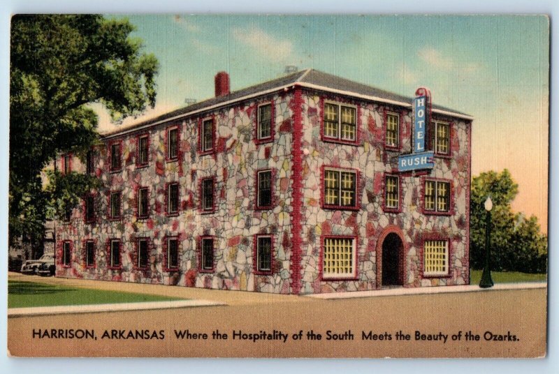 Harrison Arkansas Postcard Hotel Rush Building Exterior View Trees 1940 Unposted