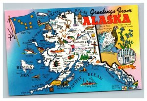 Vintage 1960's Postcard Greetings From Alaska Map Flag State Bird