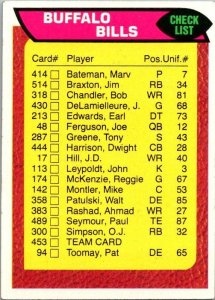 1976 Topps Football Card Buffalo Bills Checklist sk4247
