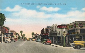 Oceanside CA Main Street Storefronts Old Cars Postcard