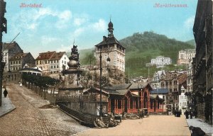 Czech Republic Karlovy Vary Karlsbad spa resort market fountain postcard